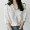 Chemise Femme 2018 Yeni Yaz Moda İşlemeli Çiçek Gömlek Yarım Kollu Beyaz Gömlek Pamuk Bluz V Yaka Casual Bayan Üstleri