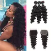 Loose Deep Wave 3 buntar med spetsavslutning Brasilianska Virgin Human Hair Weave Bundlar med stängning 4PC / Lot Remy Hair Wholesale