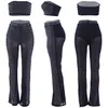 New Shiny Rhinestone Splice Sexy CLUB 2 Piece Set Summer Strapless Crop Top And Empire Long Flared Pants Lady Perspective Suits