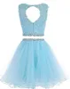2021 Två stycken Prom Dress Short Lace -applikationer med Crystal Pärled Keyhole Back Tulle Sweet 16 Party Dresses Graduation Homecomin246K