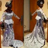 Aso-Ebi Glamorous Prom Dresses Lace Aplikacja Off Ramię Z Długim Rękawem Sweep Party Dress Glamorous Peplum Mermaid Suknie Wieczorowe