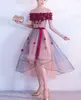 Kort framsida Långt Tillbaka Prom Klänningar 3D Blommorapplikationer Spetsar av axel Kortärmad Hög Låg Pagant Evening Wear Party Gowns