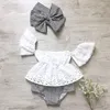 Newborn Baby Girl Clothes Set Lace Floral Off Shoulder Hollow Out Tops Blouse Stripe Shorts Headband 3PCS Summer Infant Toddler Outfit 0-24M