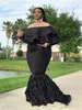African Plus Размер платья выпускного вечера Черный от плеча вечерние платья Ruched Train Train 3D роза цветочные африканские женщины формальное вечернее платье