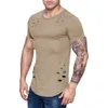 2018 nuovi uomini strappati tinta unita girocollo girocollo t-shirt casual scava fuori curvo maniche corte top