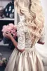 2019 Beach Wedding Gowns Ivory and Champagne V Neck Sheer 3/4 Long Sleeves Waist Ribbon Court Train Pearls Buttons Closure Bridal Gowns