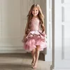 Muhteşem Pembe Yürüyor Çiçek Kız Elbise Düğün İçin A-line Diz Boyu Güzellik Pageant Elbise Noel Ruffles Kız Akşam Parti kıyafeti
