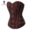 Taille Trainer Brocade Steampunk Jacquard Faux Lederen Studded Overbust Brown Corset Bustier met kettingen S-6XL 916 #