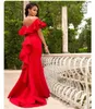 2019 magnifiques robes de bal longues rouges style sirène hors de l'épaule décolleté manches à volants tribunal train robes de soirée formelles