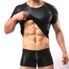 2019 Gorąca Sprzedaż Moda Sexy Mężczyźni T Koszulka Scena Koszulki Krótki Rękaw Imitacja Skórzana Kompresja Gay PU Skórzane Mężczyźni Tees Tight Top
