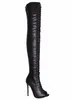 Hot Selling Women Fashion Open Toe Black PU Leather Over Knee Gladiator Boots Cut-out Lace-up Long High Heel Boots