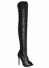 Heißer Verkauf Frauen Mode Offene spitze Schwarz PU Leder Über Knie Gladiator Stiefel Cut-out Schnürung Lange High Heel Stiefel