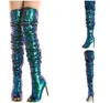 Mulheres Encantador Bling Bling Azul Glitter Ouro Sobre O Joelho Botas de Salto Fino Dedo Do Pé Aberto Pico de Salto Alto Botas Longas Sapatos Formais Vestido