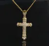 Retro Gold Charm Pendant Full Ice Out CZ Simulated Diamonds Catholic Crucifix Pendant Necklace With Long Cuban Chain8114758
