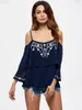 Damen New Style Marineblau Off Shoulder Chiffon bestickte Hemdbluse Glöckchenärmel Falbala Fashion Shirt Sexy Top Bluse L-2XL