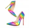 Casual Designer sexy lady real photo women's sandals luxura leather Multi color rainbow printed pointed toe woman female 12cm 10cm 8cm high heels pumps shoes