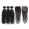 9A Deep Wave Bundles de cheveux humains avec fermeture Noir naturel 100% cheveux vierges brésiliens non transformés 3 Bundles avec fermeture à lacet 4 * 4