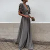 2018 New Fashion Women Dress Sexy Gray V Neck Backless Flying Short Sleeves Maxi Dress Summer Solid Beach Party Long