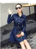 Nieuwe koreaanse mode vrouwen turn-down kraag lange mouwen denim jeans sjerpen a-lijn jurk plus maat XXL