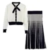 New spring autumn fashion women's elegant black white color block bow collar pearl buttons knitted sweater and pleated long skirt dress suit