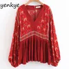 2018 femmes rouge Vintage imprimé fleuri vacances Boho Blouse dame col en V manches chauve-souris Blouses décontractées chemise été hauts LJPZ871