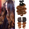 Brazilian Virgin Hair Extensions 3 Bundles With 4X4 Lace Closure Body Wave 1B/30 Ombre Color Two Tone Straight Human Hair Wefts With Closure