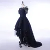 Vestido de encaje negro, parte delantera corta, espalda larga, cuello barco, vestidos de graduación para mujeres elegantes, fiesta Formal, manga corta, alto bajo