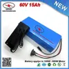 FREE SHIPPING 900W 60V 15Ah Lihium ion battery pack for 60V Electric Bike with PVC case 2.2Ah 18650 cell 15A BMS and 2A Charger