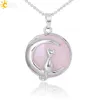 CSJA Nieuwe Collectie Vrouwen Ketting Kat op Maan Natuurlijke Gemtone Rose Quartz Crystal Suspension Hangers Hardshell Kitten Charms Sieraden F341