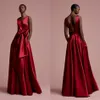 Aso Ebi Rose Red Longos Vestidos de Noite Bolsos Nigeriano Sexy Backless Vestidos de Noite 2018 Arco Profundo Decote Em V Africano Vestido Formal Vai