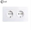 Coswall Wall Crystal Glass Panel Power Socket Grounded 16A EU Standard Electrical Black Double Outlet 146mm * 86mm 110-250V