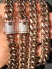 Catena da uomo con bracciale a maglie cubane, placcato in oro rosa 14 carati, chiusura con diamanti da 12 mm 296F