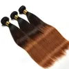 #1B/4/30 Black Brown and Medium Auburn Ombre Virgin Peruvian Human Hair Bundles Straight 3Tone Ombre Human Hair Weaves Extensions 10-30"