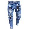 Oss populära ät kycklingblå vita män mager blyerts jeans punk streetwear hiphop smal rippade hål badge män långa byxor byxor3185
