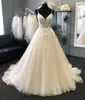 2018 Spaghetti Wedding Dresses A-line Lace AppliqueTulle Rhinestones Beaded Draped Open Back Party Dresses For Bride Bridal Dress