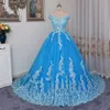 Elegantes schulterfreies blaues Quinceanera-Kleid mit V-Ausschnitt, kurzen Ärmeln, Applikation, Spitze, Pailletten, Tüll, Korsett am Rücken, günstiges Abschlussballkleid für das Sweet 16