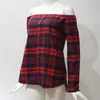 Frühling Frauen Plaid T-shirt Slash Neck Long Sleeves Einzelne Brust Pullover Frauen Raster Gedruckt Off Schulter Bluse