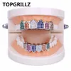 TOPGRILLZ 골드 / 실버 컬러 그릴 즈 멀티 컬러 마이크로 패브릭 CZ 블 링 큐빅 지르코니아 탑 저지 티스 그릴 즈 힙합 그릴