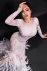 DJ Songbird Sparkly Rhinestones Feather Naken Dress Sexig nattklubb Full Stones Lång Big Tail Dress Costume Prom Birthday Firar 342L