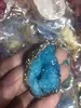 1 peça crua druza azul agate cluster geode fatia pingente de prata colar de cristal branco natural para categações de cura