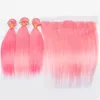 Bundles de cheveux brésiliens avec fermeture frontale Bundles de tissage de cheveux humains roses raides avec dentelle frontale 13X4 Partie libre Extensio de cheveux rose clair