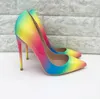 Free shipping fashion women pumps rainbow patent leather point toe high heels thin heel shoes genuine leather 120mm 100mm real photo