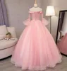 Rosa Quinceanera Vestidos Apliques Sleeves Flared Off Should Ball Vestido Vestidos de noite Vestidos formal Vestir de volta Lace Up Yong Girls Pageant Wasses