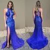 Abiti da ballo a sirena in cristallo con diamanti blu Gioiello Collo strass con perline Cerniera Abito da cerimonia formale Abito da sera sexy con spacco laterale Abiti formali