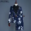 PYJTRL  2018 Tide Men Navy Blue Floral Print Fashion Casual Suits Latest Coat Pant Designs Wedding Groom Stage Costume