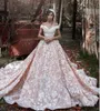 luxury ball gown off shoulder wedding dresses 2020 pattern ivory lace with pretty 3D-floral applique blushing underneath dubai bridal gowns