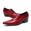 British Men Dress Shoes Red Pointed Toe Crocodile Pattern Leather Shoes Man Lace Up Stylish Wedding Shoes
