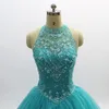 Платья Princess Quinceanera 2020 бирюзовый христаллический тюль с бисером.