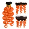 Body Wave # 1B / 350 Ombre brasiliane di capelli umani arancioni con chiusura frontale in pizzo 13x4 Ombre fasci di tessuto di capelli umani vergini arancioni