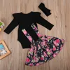 新生児の服子供服セット新しい秋の赤ちゃんの女の子長袖ロンスリーブ+花のショルダーストラップスカート+ヘッドバンド3pcsは衣装を設定します